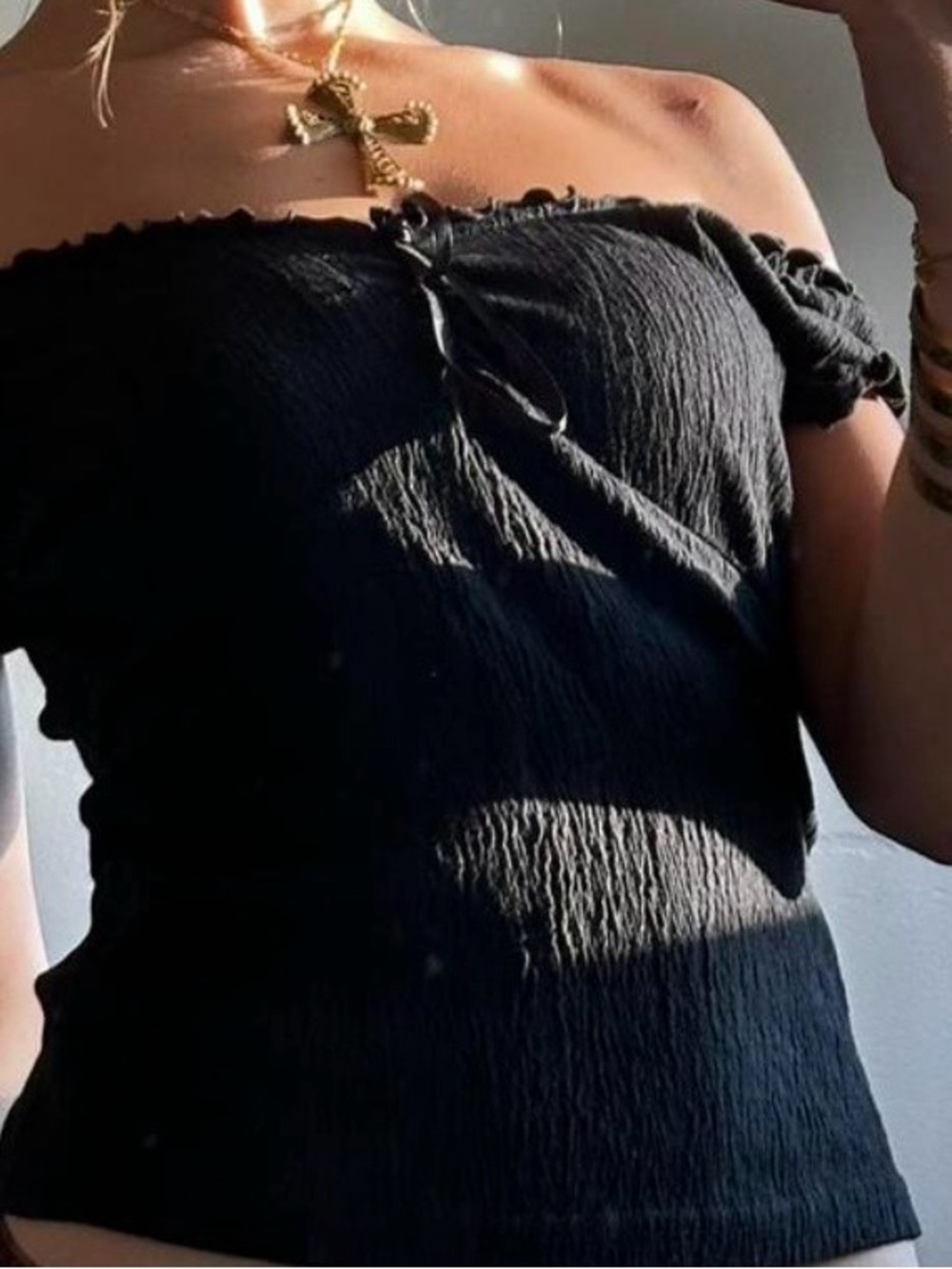 Brandy Melville Black Ruffled Tie-Neck Top